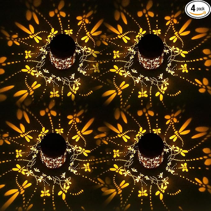 Mothers Day Gifts, 4 Packs Solar Lanterns Outdoor Hanging Lantern Lights, 4 Dragonfly Hollowed-Out Metal Decor Lantern, Waterproof LED Decorative Garden Light Gifts-VerdiqueGarden