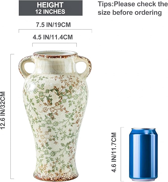 Enra Farmhouse Vintage vase with Handle,12.6 in Ceramic Chinoiserie Floral Vase,Green and Beige Decorative Flower vase,Large Rustic Vases for Home Decors, Living Room, Bookshelf, Office-VerdiqueGarden