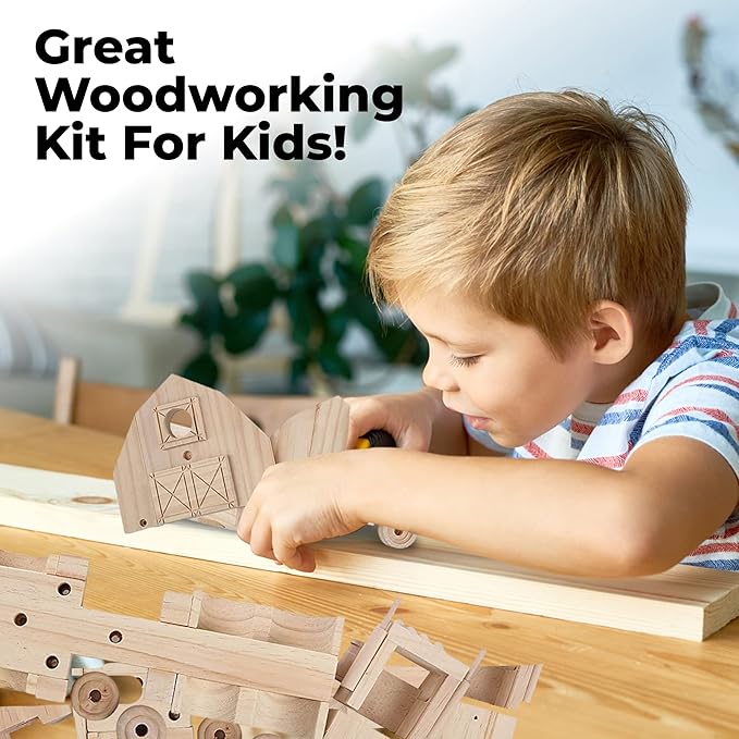 Kraftic Woodworking Building Kit for Kids and Adults, Set of 3 Educational DIY Carpentry Construction Wood Model Kit Toy Projects for Boys and Girls - Off-Road Vehicle, Flatbed Truck, Barn Birdhouse-VerdiqueGarden