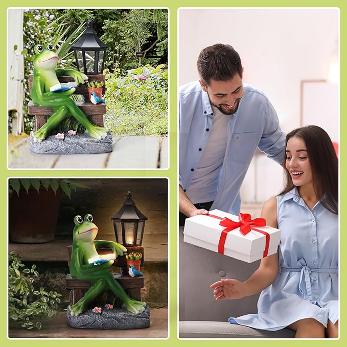 Outdoor Resin Reading Frog Statues, Solar Frog Garden Statues, Garden Frogs Outdoor Decor for Lawn, Balcony, Yard Decoration, Frog Gifts for Mom, Grandma, Wife-VerdiqueGarden