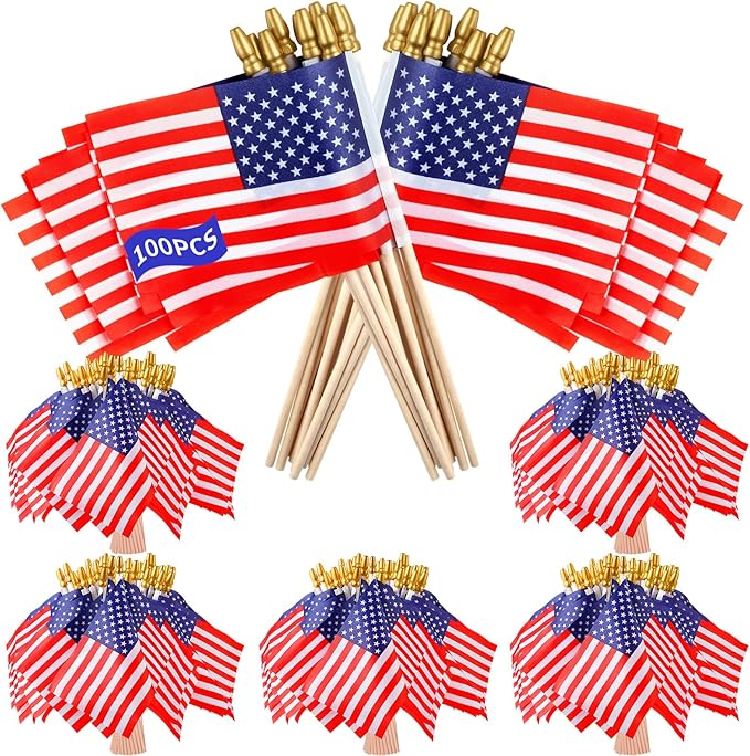 100pcs Small American Flags on Stick, Handheld 8 x 5.5 Inchs Mini American Flags with Kid-Safe Golden Spear Top, US Flags for 4th of July Decorations Outdoor, Independence Day Decorations-VerdiqueGarden