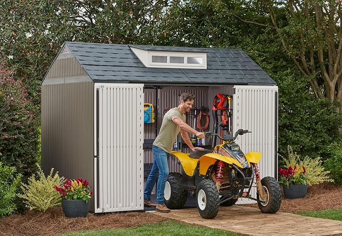 Rubbermaid Extra Large Resin Outdoor Storage Shed With Floor (7 x 10.5 Ft.) Weather Resistant Brown Organization for Home/Lawn Mower/Backyard Equipment/Bike Storage/Pool Supplies-VerdiqueGarden