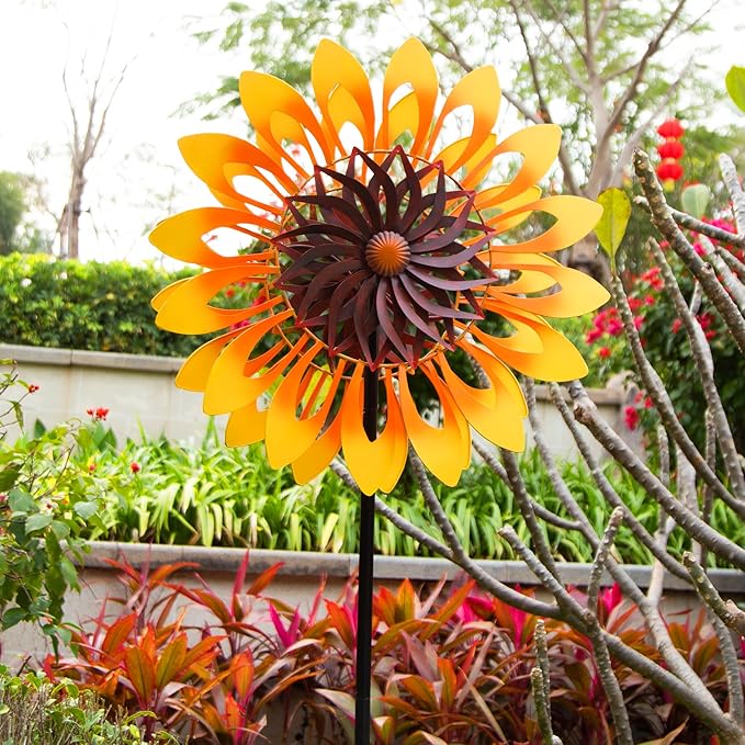 Sunflower Wind Spinners, 360 Degrees Swivel Metal Wind Sculptures, 76" Large Garden Pinwheels for Yard Lawn Patio Decor-VerdiqueGarden