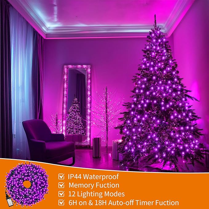 Christmas Tree Light 500 LEDs 172ft Green Cable Wire Low Voltage Fairy String Twinkle Lights Waterproof 12 Modes for Party, Halloween, Outdoor, Garden, Wedding, Home Decoration (Purple)-VerdiqueGarden