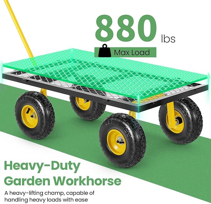 Homdox MAX 880 Lbs Garden Cart, Heavy Duty Foldable Mesh Steel Garden Wagon with 180° Rotating Handle and 10 Inch Tires, Pullable Yard Cart for Yard Garden Beach Farm, Yellow with Bag-VerdiqueGarden