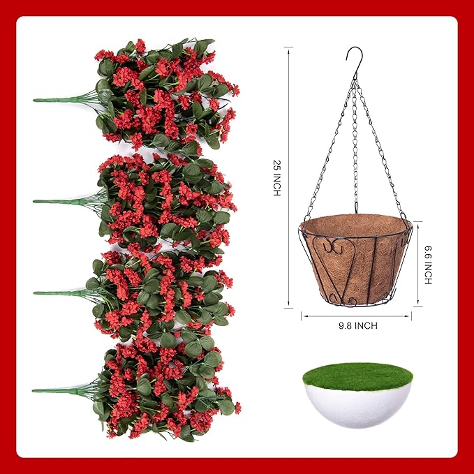 Hanging Baskets Artificial Flowers for Outdoor Interior Decor, Artificial Daisies Flowers Shrubs Plants with Baskets for Home Porch Garden Patio Patio Spring Summer Decor(Red)-VerdiqueGarden
