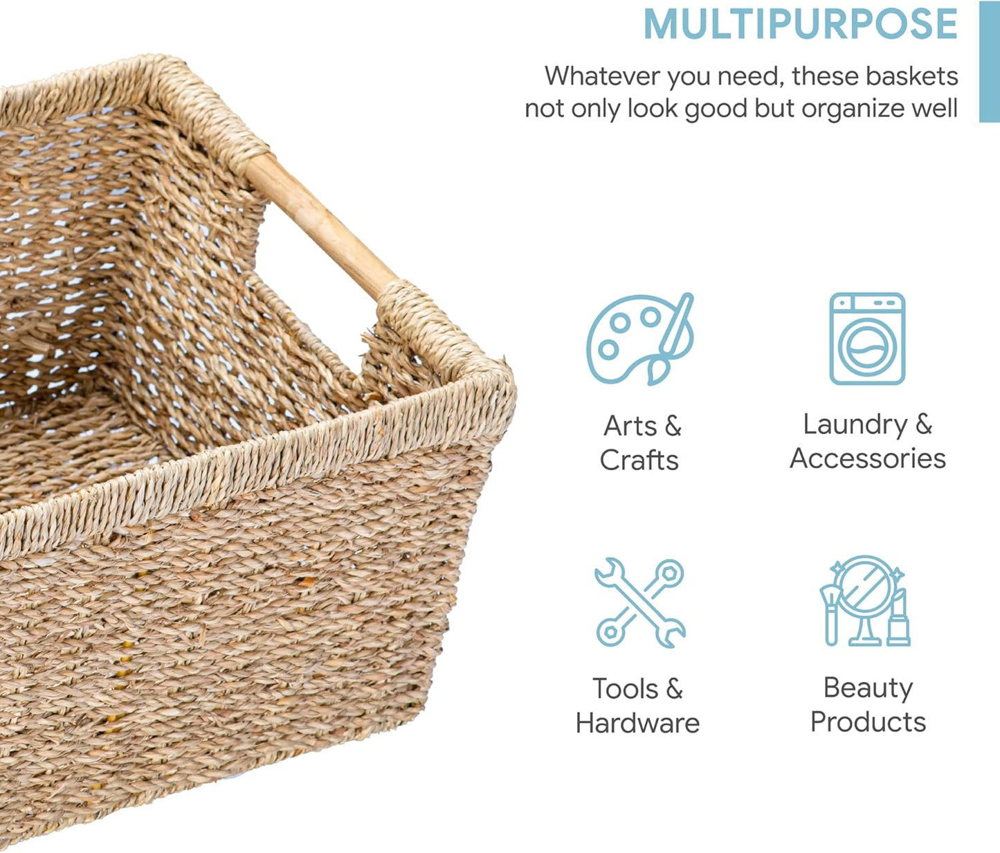 Large Wicker Basket Rectangular with Wooden Handles for Shelves, Seagrass Basket Storage, Natural Baskets for Organizing, Wicker Baskets for Storage - 3 Pack Large-VerdiqueGarden