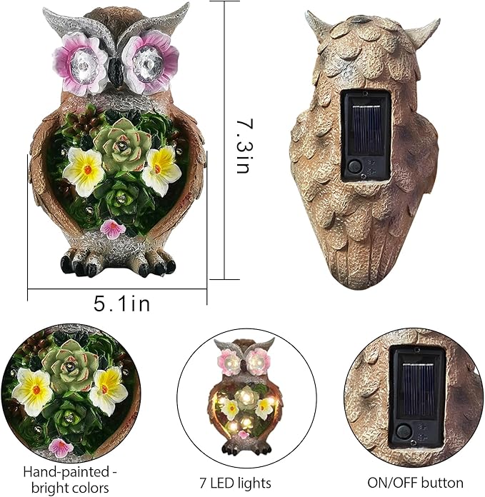 Owl Garden Statue,Solar Garden Statues with Flower LED Lights, Resin Owl Figurine for Lawn Patio Porch Yard Deco Gifts for Women/Mom/Grandma-VerdiqueGarden