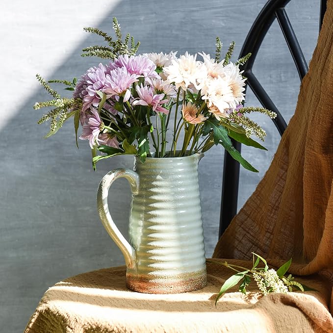 Quoowiit Ceramic Rustic Vase with Handle, Green Distressed Decorative Farmhouse Pitcher Vase for Home Decor Living Room Bedroom Kitchen Office Shelf Decor Centerpiece Table Decoration-VerdiqueGarden