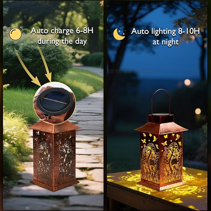 Homemory Mushroom Solar Lanterns Waterproof, Metal Hanging Hollowed-Out Metal Decor Lantern, LED Outdoor Decoration for Outside LED Lanternse for Yard, Backyard, Porch, Lawn-VerdiqueGarden