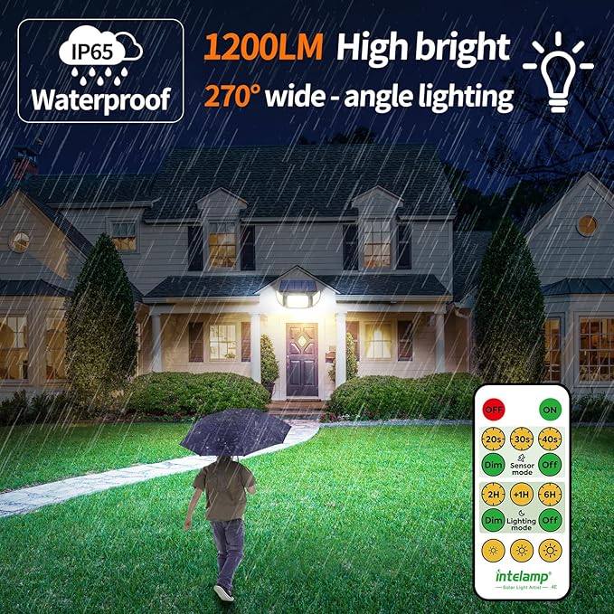 intelamp Solar Flood Lights Outdoor Waterproof, 6000mAh 1200LM Solar Powered Dual Motion Sensor LED Lighting Dusk to Dawn Security Floodlight Exterior with Remote for Outside Garden House Yard Porch-VerdiqueGarden