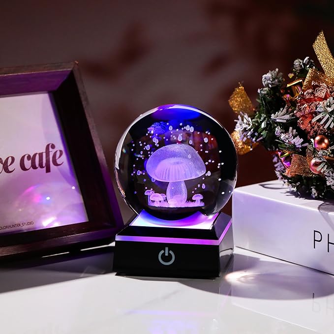 Qianwei 3D Crystal Ball Night Light - 3.14'' Mushroom Decor Glass Plants Lamp Figurines Statue for Room Decoration-VerdiqueGarden