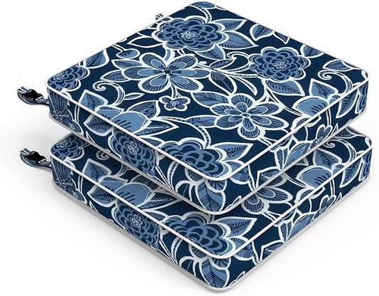 LVTXIII Patio Chair Cushions 22"x22"x3", Water-Repellent Outdoor Seat Cushions for Patio Furniture, Square Chair Pads with Ties for Home Garden Decoration, Set of 2, Flower Navy-VerdiqueGarden