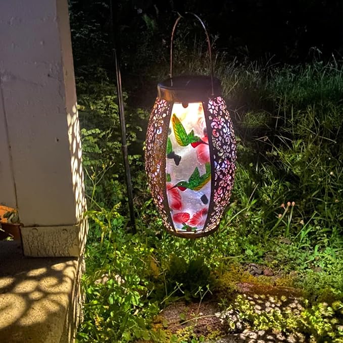 Hummingbird Solar Lanterns Glass & Metal Hanging Lantern Outdoor Waterproof 16" H Tabletop Light with Hollowed-Out Design for Garden Patio Table Decor Mother's Day Gift-VerdiqueGarden