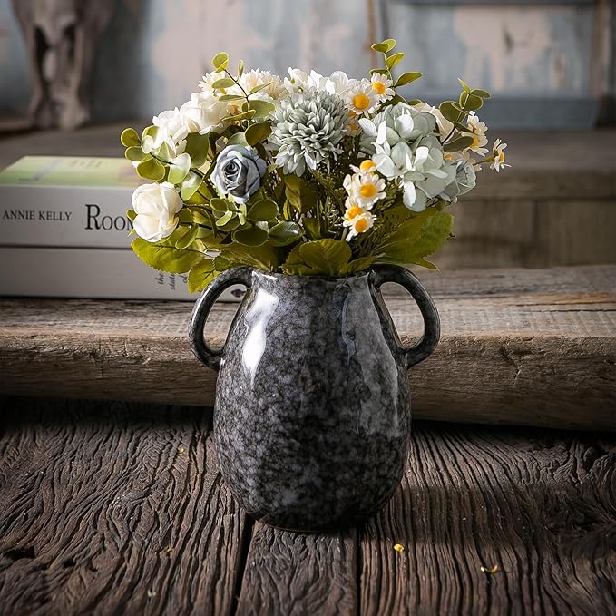 Black Ceramic Vase with 2 Handles, Modern Farmhouse Decor, Rustic Terracotta Pottery, Decorative Flower Vases, Clay Small Vase, Centerpiece for Dining Table - 7 Inch Tall-VerdiqueGarden