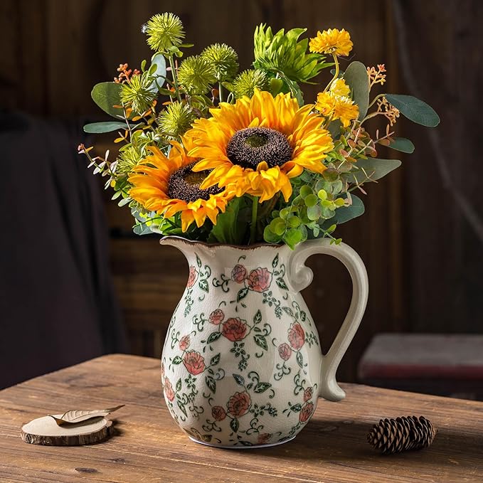 Green and White Vintage Vase with Handle, Red Rose Chinoiserie Floral Pitcher Vase, Rustic Ceramic Farmhouse Vases for Home Decor, Living Room, Bookshelf, Office, Grand Millennial Decor 7.9 Inch-VerdiqueGarden
