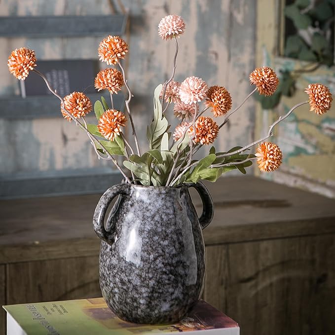 Black Ceramic Vase with 2 Handles, Modern Farmhouse Decor, Rustic Terracotta Pottery, Decorative Flower Vases, Clay Small Vase, Centerpiece for Dining Table - 7 Inch Tall-VerdiqueGarden