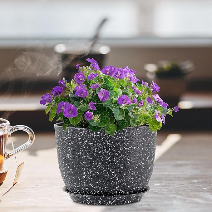 12 inch Big Plant Pots, Plastic Planters with Drainage Holes and Trays, Large Flower Pots for Indoor Outdoor Plants, Modern Decorative Pots for Garden House Plants, Speckled Black-VerdiqueGarden