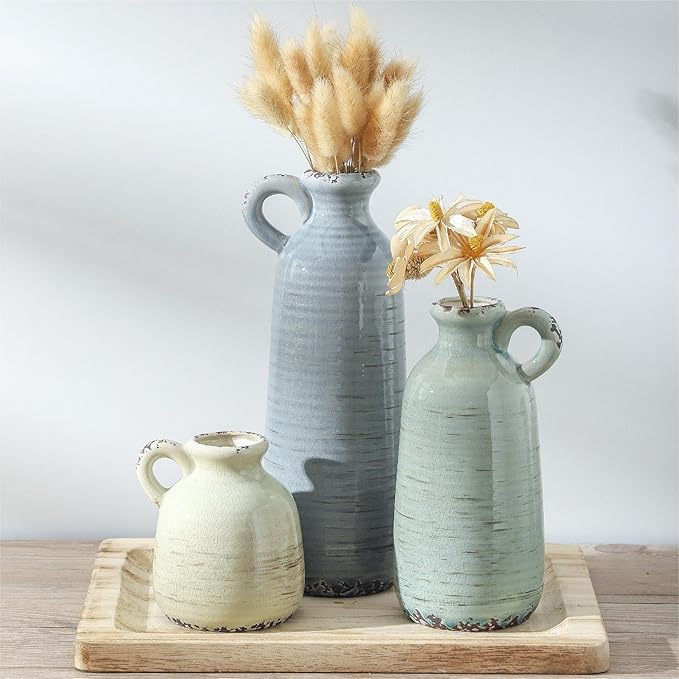 Ceramic Vase Set of 3 | Neutral Vase Home Decor with Handle | Pottery Modern Farmhouse Vases Pampas Grass Flower Vases for Home Decor Table Living Room Centerpieces Mantel Decor - Multicolor-VerdiqueGarden