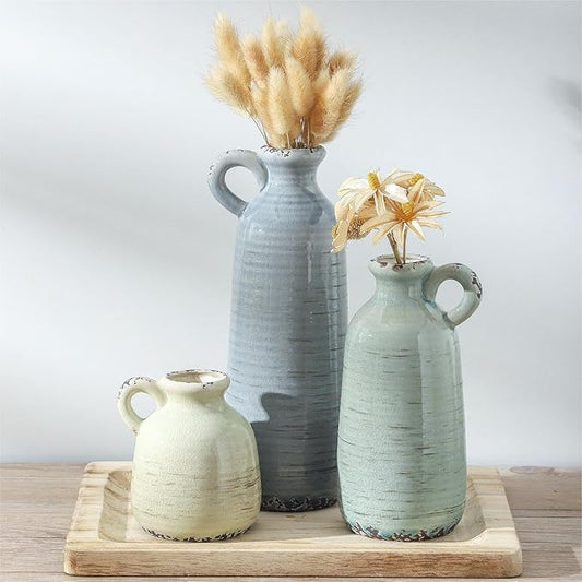 Ceramic Vase Set of 3 | Neutral Vase Home Decor with Handle | Pottery Modern Farmhouse Vases Pampas Grass Flower Vases for Home Decor Table Living Room Centerpieces Mantel Decor - Multicolor-VerdiqueGarden