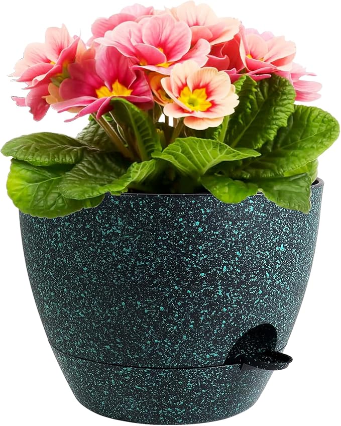 12 inch Large Self Watering Pots for Indoor Outdoor Plants, Flower Plant Pots with Mesh Drainage Holes for Garden House Plants, Plastic Planters for Home Plants, Black with Green Speckles-VerdiqueGarden