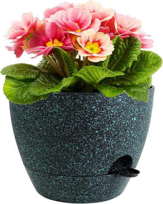 12 inch Large Self Watering Pots for Indoor Outdoor Plants, Flower Plant Pots with Mesh Drainage Holes for Garden House Plants, Plastic Planters for Home Plants, Black with Green Speckles-VerdiqueGarden