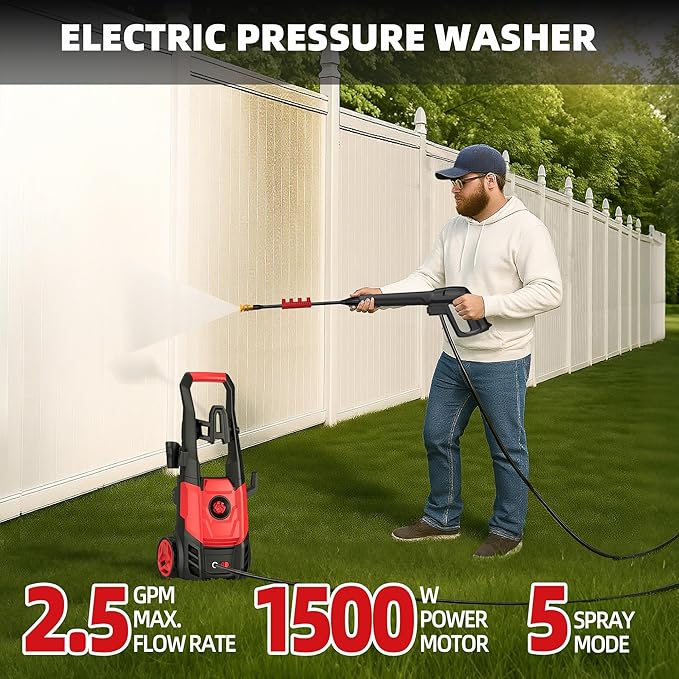 Electric Pressure Washer, 2.5 Max GPM Power Washer with Foam Cannon, Powerwasher with 4 Nozzles, High Pressure Washer for Cars, Driveways, Patios, Decks-VerdiqueGarden