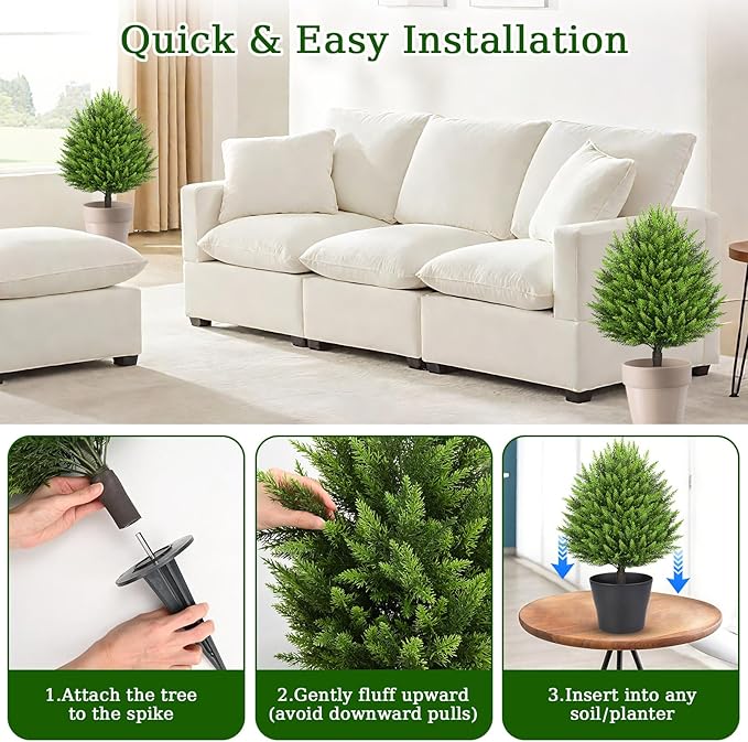 31" Artificial Cedar Topiary Ball Trees with Ground Spike,2 Pack Fake Pine Shrubs Bushes, UV Resistant Faux Evergreen Cypress Tree Plants for Indoor Outdoor Planters Front Porch Garden Decor-VerdiqueGarden