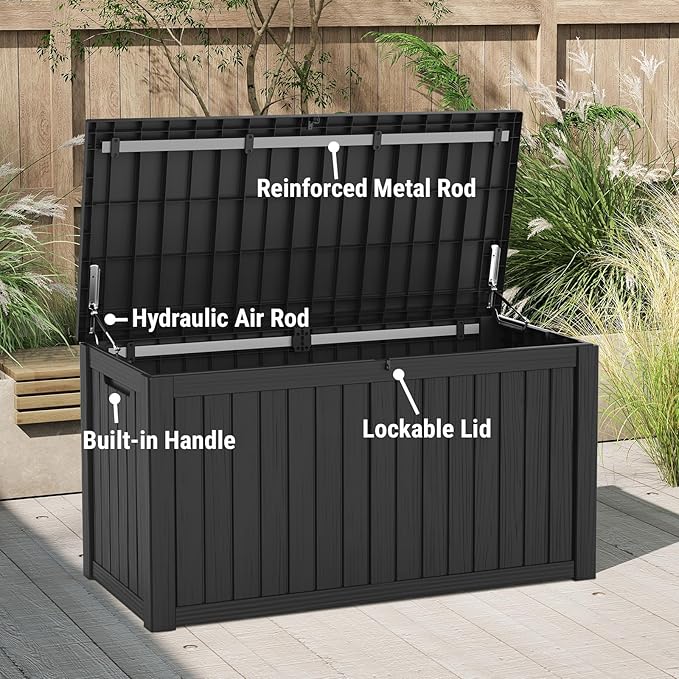 Mars Villa 150 Gallon Outdoor Storage Box Waterproof, Large Resin Deck Box for Outdoor Patio Furniture Cushions, Pool Supplies, Garden Tools, with Hydraulic Hinge, UV-Resistant and Weatherproof, Black-VerdiqueGarden