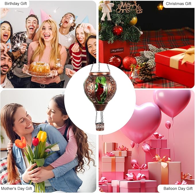 Hot Air Balloon Solar Lantern Outdoor - Flame Hanging Solar Light Waterproof Lanterns for Patio Garden Yard Farmhouse Decor, Great Gift(Cardinal 2)-VerdiqueGarden