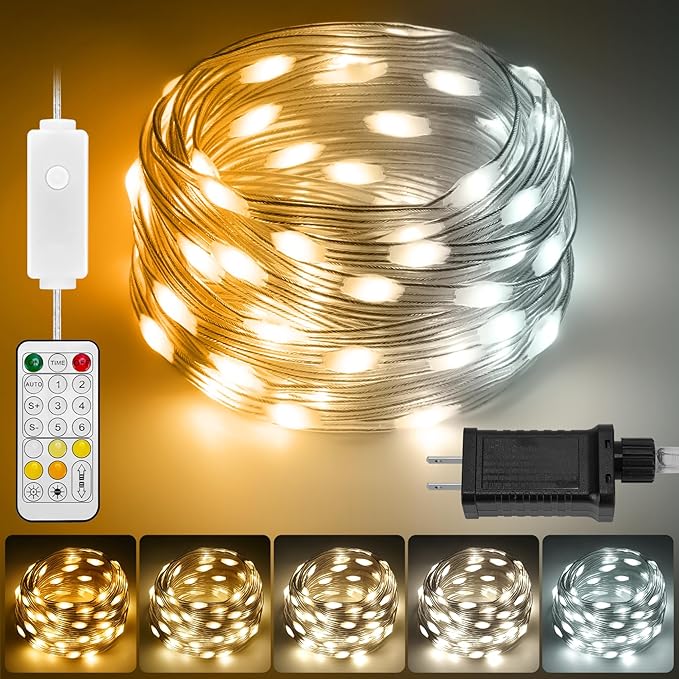 HOUHUI Fairy Lights Plug in,50Ft Warm to Cool White Indoor Outdoor String Light with Remote,8 Modes 2700K-6500K Dimmable White Fairy Twinkle Lights IP67 Waterproof for Christmas Bedroom Party Decor-VerdiqueGarden