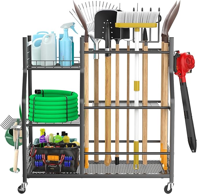 WALMANN Garden Tool Organizer with Wheels for Garage, Large Storage Capacity, Rakes/Shovels/Yard Tools Storage Stand for Shed, Garden, Indoor/Outdoor Long-Handled Tools Rolling Cart-VerdiqueGarden