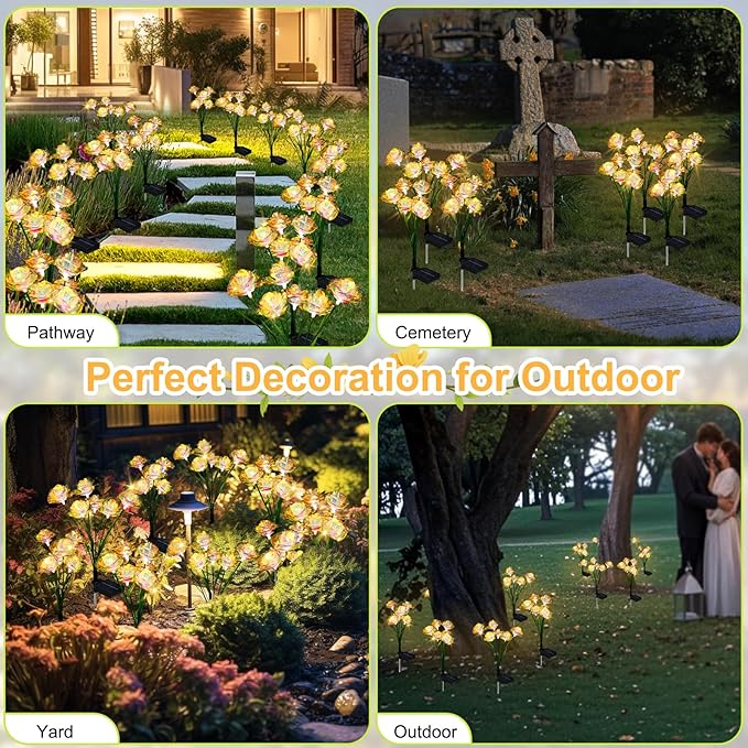 Solar Garden Lights Outdoor, 4 Pack 24-Head Artificial Flowers Solar Lights, IP65 Waterproof Garden Decoration for Yard Patio Path Cemetery Grave, Gifts for Mom Women Bithday Mother's Day-Auto ON/Off-VerdiqueGarden