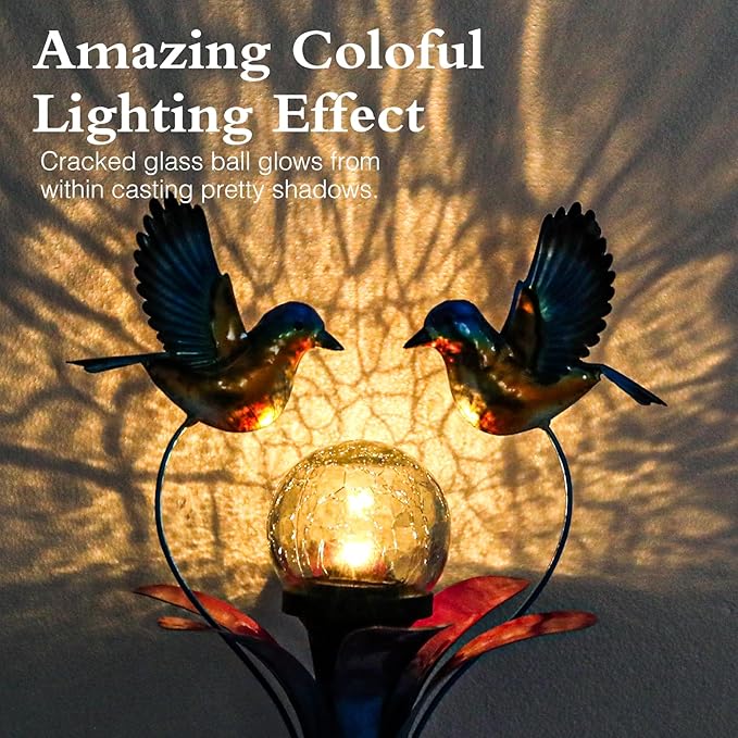 VCUTEKA Solar Lights Outdoor Metal Garden Stake Waterproof Crackle Glass Globe Garden Decor Blue Jay Bird for Pathway, Lawn, Patio, Yard-VerdiqueGarden