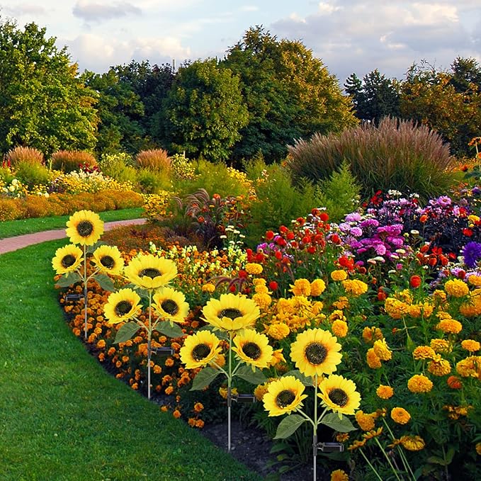 Solar Sunflower Lights, 800mA Solar Garden Light with Real Looking Flowers Outdoor Waterproof Solar Stake Lights for Back Yard, Flower Bed, Pathway, Patio, Porch, Fall Decoration (4 Pack)-VerdiqueGarden