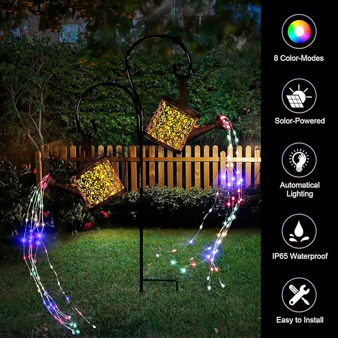 MEREAR Solar Watering Can Lights Outdoor with 8 Multi-Color Changing Modes, IP65 Waterproof Landscape Light Garden Decor, One Pole Two Lights Outside Decorations for Lawn, Backyard, Patio, Chrismas-VerdiqueGarden