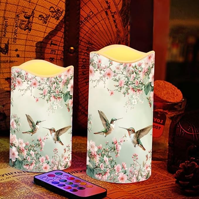 Ystardream Floral Hummingbird Flameless LED Candles Electric Candle Set with Remote Timer Color Changing Control Long Lasting for Table Centerpiece Home Indoor Decoration Pack of 4 Set-VerdiqueGarden