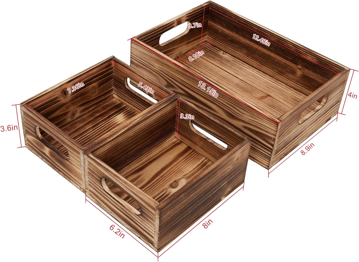 PHOENANCEE Wooden Crate Stackable Decorative Wood Crates set of 3 for Storage Display Rustic Nesting Box Basket Home Decoration Boxes Container Bin with Handles Farmhouse Decor,Solid Pine,L+M+S-VerdiqueGarden