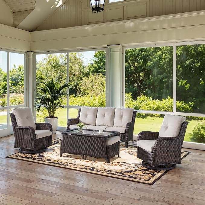 Wicker Outdoor Furniture Patio Furniture Set - 6 Piece Patio Conversation Set with Swivel Rocker Chairs, Rattan Sofa, Ottomans and Coffee Table, Beige Cushion-VerdiqueGarden