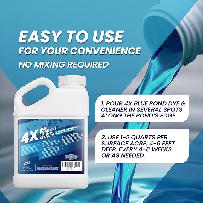 1 Gallon 4X Blue Pond Dye + Pond Cleaner, Blue Dye for Ponds and Lakes, 2-in-1 Lake Colorant + Enzymes, Makes Murky Water Clean & Beautiful, Keeps The Water Cool, Clear, and Ideal for Fish & Wildlife-VerdiqueGarden