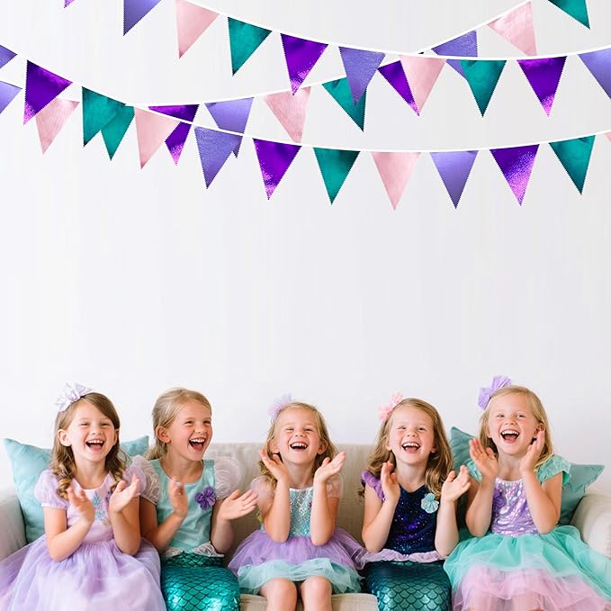 Mermaid Party Decorations Purple Pink and Teal Aqua Metallic Fabric Triangle Pennant Banner Flag Bunting Garland for Mermaid Under the Sea Birthday Wedding Baby Shower Engagement Party Supplies-VerdiqueGarden