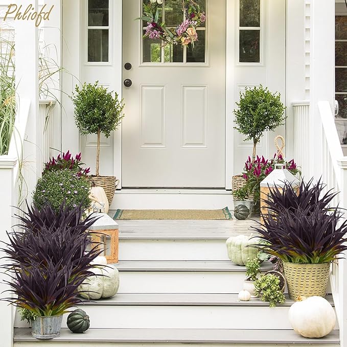 32 Pcs Artificial Grass Fake Grass Plants 17.3in Outdoor Plants UV Resistant Faux Greenery Stems for Home Window Garden Office Patio Pathway Front Porch Halloween Décor Light Green & Purple-VerdiqueGarden