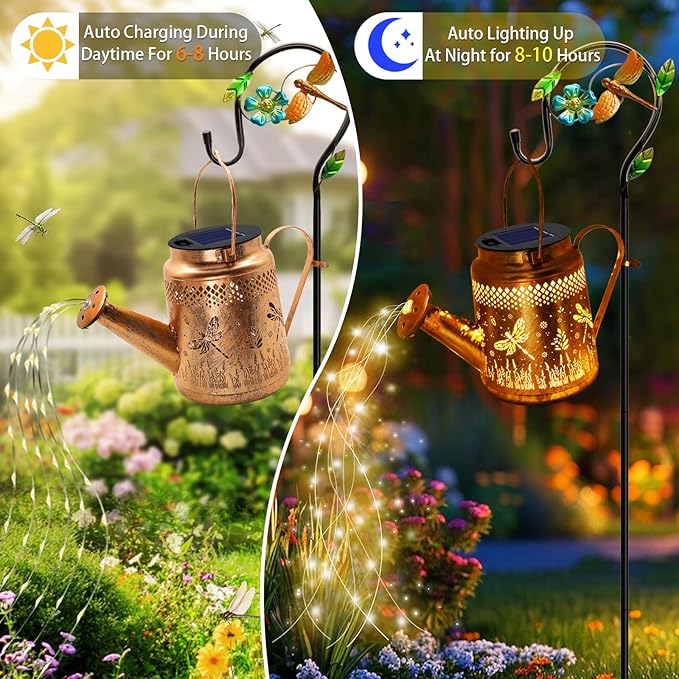 Solar Powered Dragonfly Watering Can Lights Waterproof Outdoor Garden Decor with Shepherd Hook, Hanging Patio Lights for Yard, Porch, Backyard Perfect Gardening & Birthday Gift for Women, Mom, Grandma-VerdiqueGarden