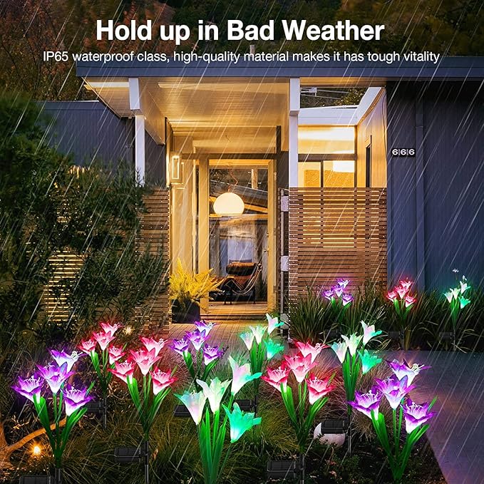 KOOPER Outdoor Solar Lights, 4 Pack Solar Garden Lights with Bigger Lily Flowers, Waterproof 7 Color Changing Solar Lights Outdoor - Bigger Solar Panel for Outdoor Patio Yard Garden Decoration-VerdiqueGarden