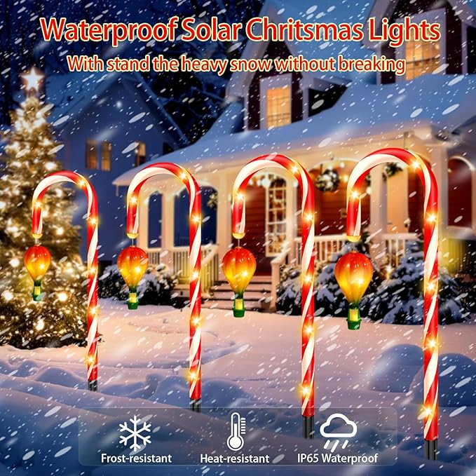 12 Pack Outdoor Solar Christmas Decorations, 180 Bright LED Solar Candy Cane Christmas Lights 8 Lighting Modes, Waterproof Outside Xmas Decorations with Lantern Decor Lights for Pathway Yard Garden-VerdiqueGarden