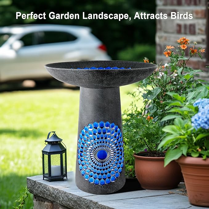 21.5'' Tall Ceramic Bird Bath for Outdoor, Heavy Duty - Cold-Weather Resistant Bird Bath, Garden and Patio Décor - Diamond Blue-VerdiqueGarden