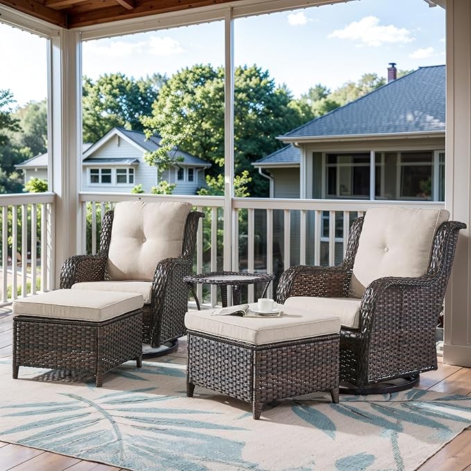 5 Pieces Patio Furniture Sets Wicker Outdoor Furniture, Rattan Patio Swivel Glider Chairs with 2 Ottoman and Glass Side Table-VerdiqueGarden