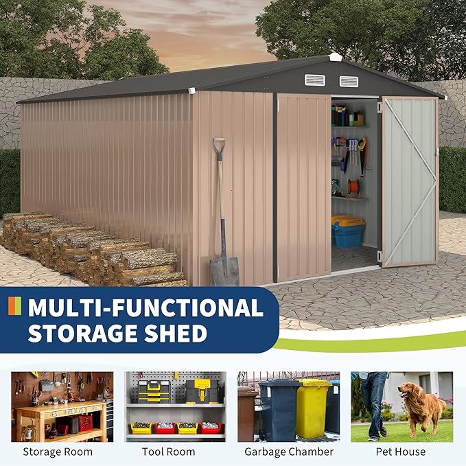 10x14 FT Metal Storage Sheds Outdoor, Metal Yard Sheds Garden Shed Kit, Metals Tool Shed with Lockable Door, Metals UtilityShed Buildings with Air Vent for Backyard Garden Patio Lawn-VerdiqueGarden