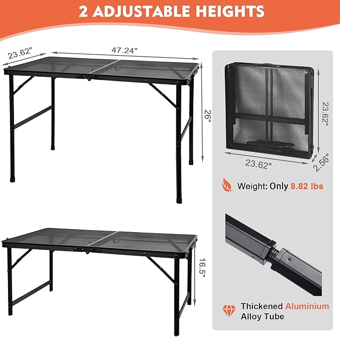 Camping Table with Mesh Desktop, Lightweight & Portable Folding Grill Table, Height Adjustable Metal Outdoor Table for Camp, Cooking, BBQ, RV, Picnic-4 FT Black-VerdiqueGarden