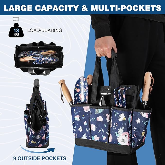WORKPRO Garden Tool Bag, 9-Pocket Heavy Duty Oxford Tote Bag, Gardening Tool Kit Holder, 12" x 12" x 6" (Blue Insects)-VerdiqueGarden
